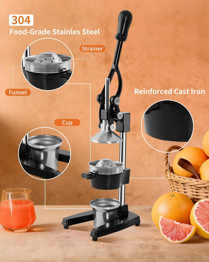 ZOZOE Cast Iron Juicer, Heavy Duty Manual Citrus Press with Stainless Steel Cup, Lemon Orange Squeezer, Professional Hand Press Juicer for Pomegranate, Grapefruit, Easy to Clean, Black