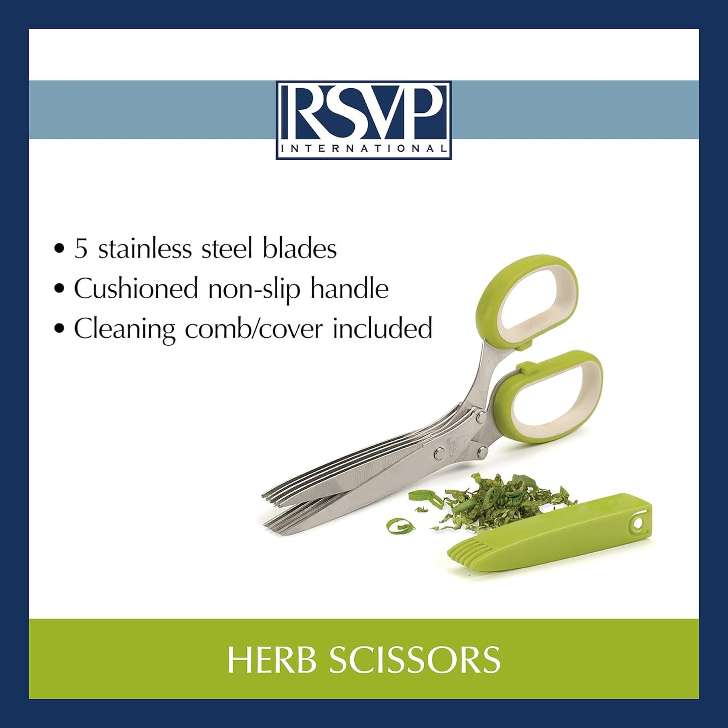 RSVP International Kitchen Tool Collection Herb Scissors with Protective Cover/Blade Cleaner, Dishwasher Safe, 7.75x3.25"