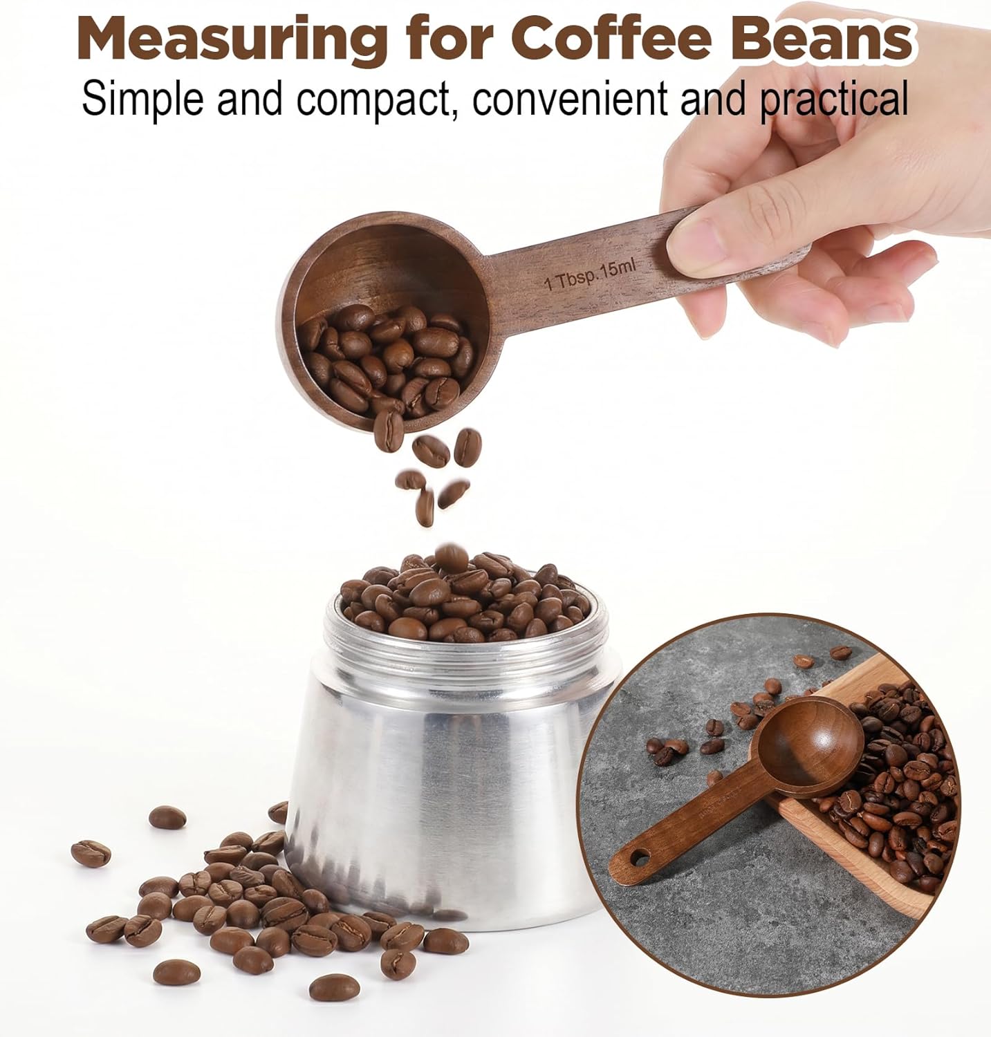 1PCS Wooden Tablespoon Scoop, 1 Tablespoon Wooden Coffee Scoop for Ground Coffee, Beans, Tea & Spices, Walnut Wood Measuring Spoon, 0.5 Oz (15ml) (Brown, 4.6 X 1.9 Inches)