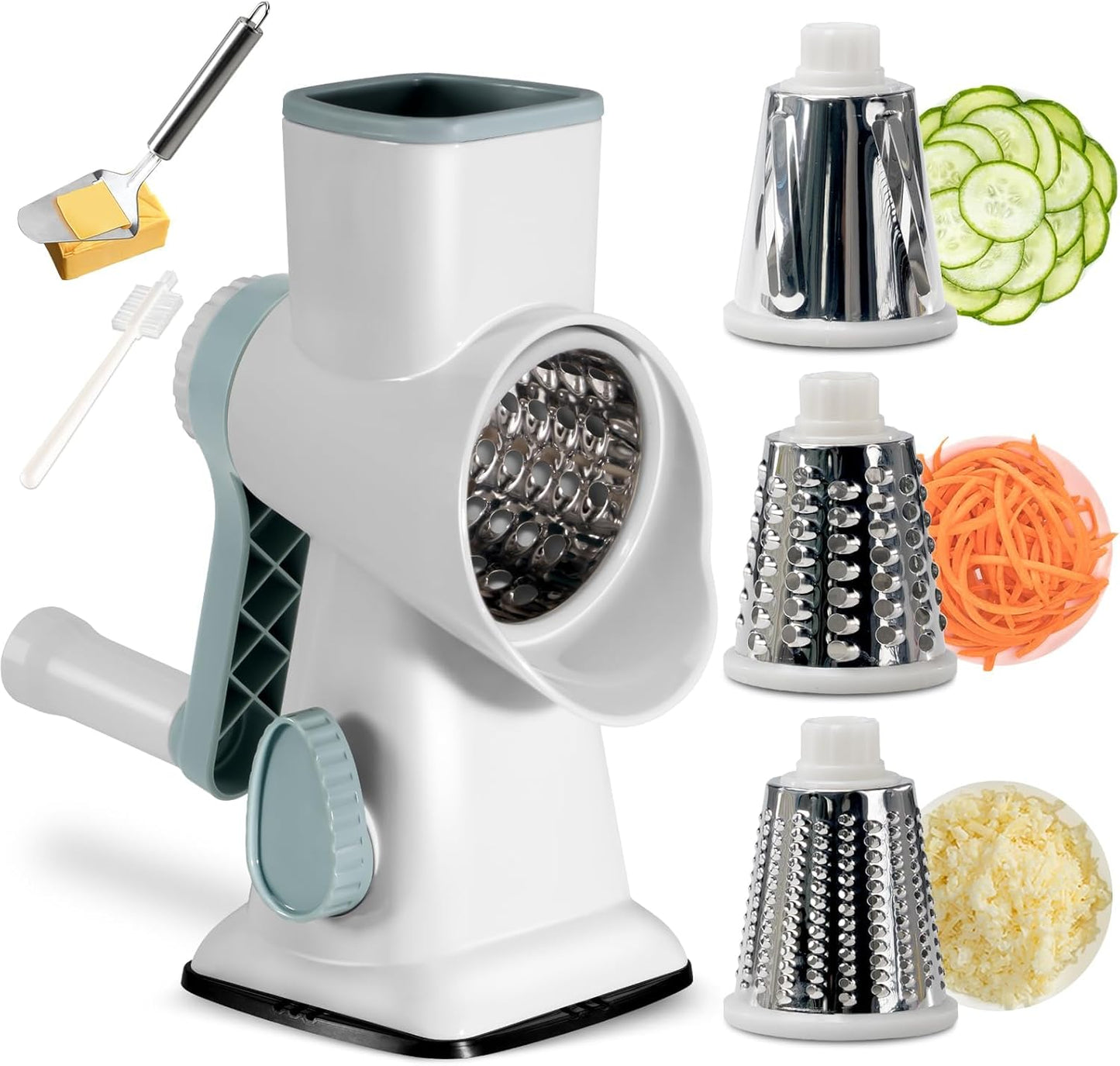 3 in 1 Manual Vegetable Cutter Machine with Stainless Steel Changeable Blades Rotary Cheese Grater Kitchen Tool Potato Slicer Shredder Nuts Chocolate Chopper (Transparent black)