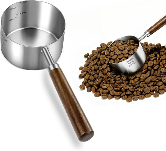 Stainless Steel Dog Food Scoop 1 Cup, Dog Food Measuring Cup With Measuring Lines (Cup/ML) & Long Wooden Handle, Metal Pet Food Scoop For Dogs, Cats and Kitchen Use, Dishwasher Safe
