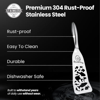 Stainless Steel Fish Spatula Set – 1 Large Fish Turner + 1 Small Metal Spatula, Ultra-Thin Edge for Easy Turning & Flipping, Metal Kitchen Utensils with Ergonomic Non-Slip Handle, Dishwasher Safe