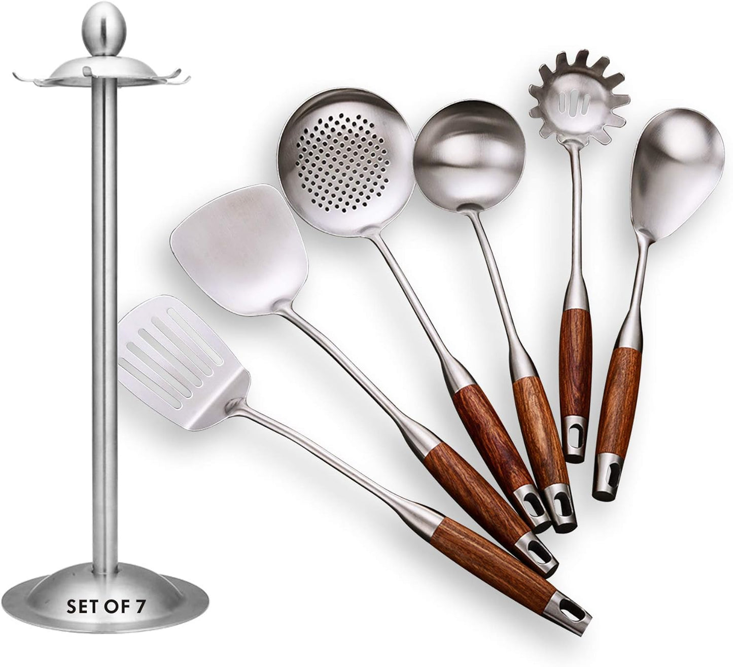 Slotted Spoon,304 Stainless Steel Skimmer Spoon with Heat Resistant Wooden Handle,Silver/15.8Inch