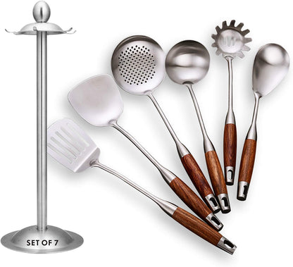 Slotted Spoon,304 Stainless Steel Skimmer Spoon with Heat Resistant Wooden Handle,Silver/15.8Inch
