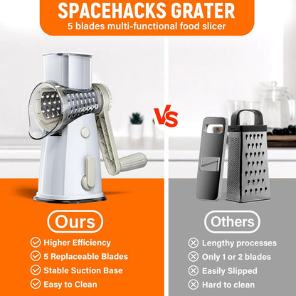 SpaceHacks Rotary Cheese Grater Hand Crank, with 5 Blades for Chopper Shredder Spiralizer Slicer for Vegetable Cheese Fruit, Food Chopper for Kitchen with Blades Storage Box & Suction Base (Black)