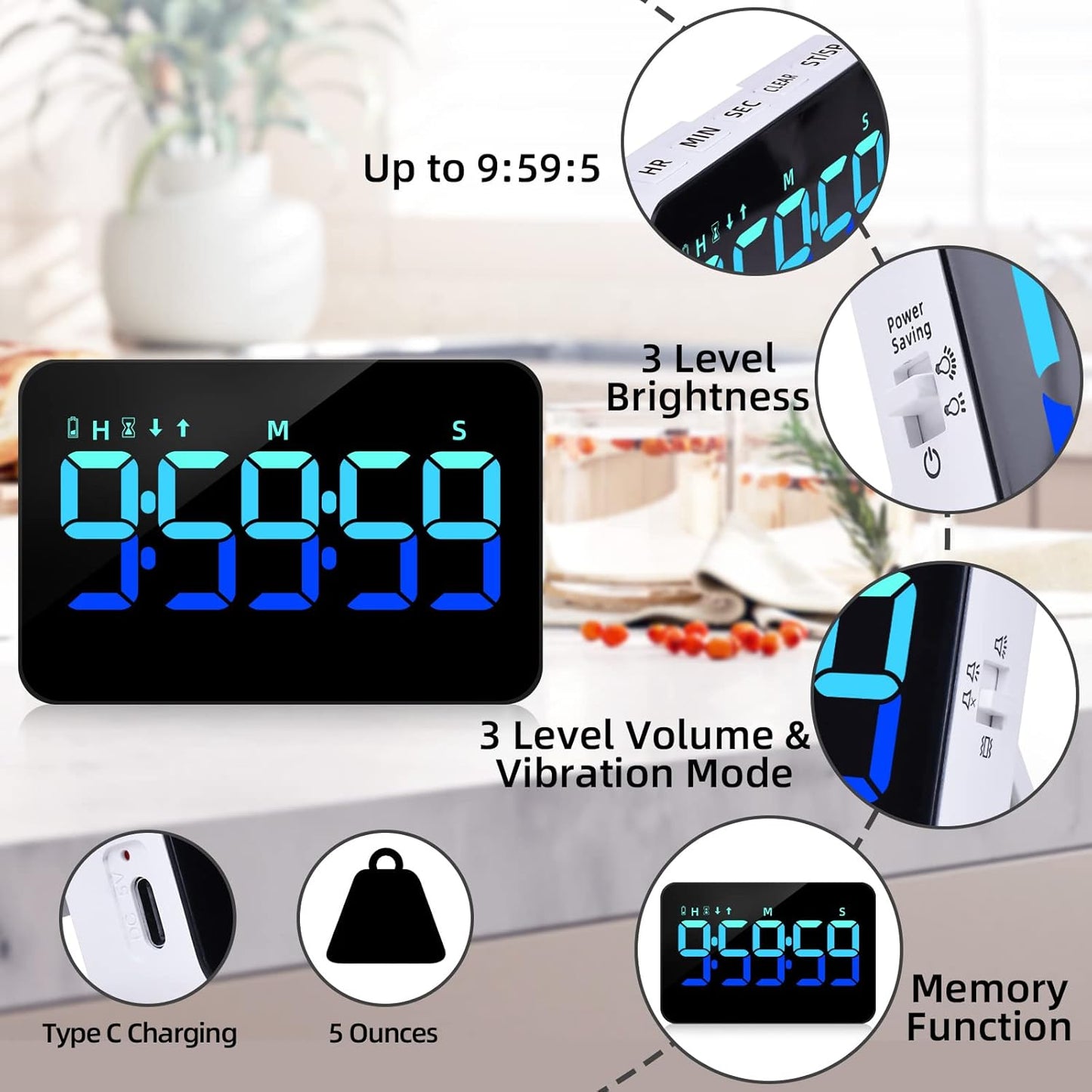 PERSUPER Digital Timer Kitchen Timer Count Down Up Rechargeable Kitchen Gadgets Vibration Mode Adjustable Volume and Brightness LED Display Time Management for Cook, Desk, Kids Adults Study Teaching