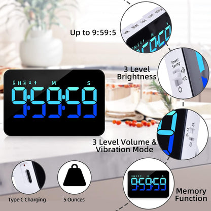 PERSUPER Digital Timer Kitchen Timer Count Down Up Rechargeable Kitchen Gadgets Vibration Mode Adjustable Volume and Brightness LED Display Time Management for Cook, Desk, Kids Adults Study Teaching