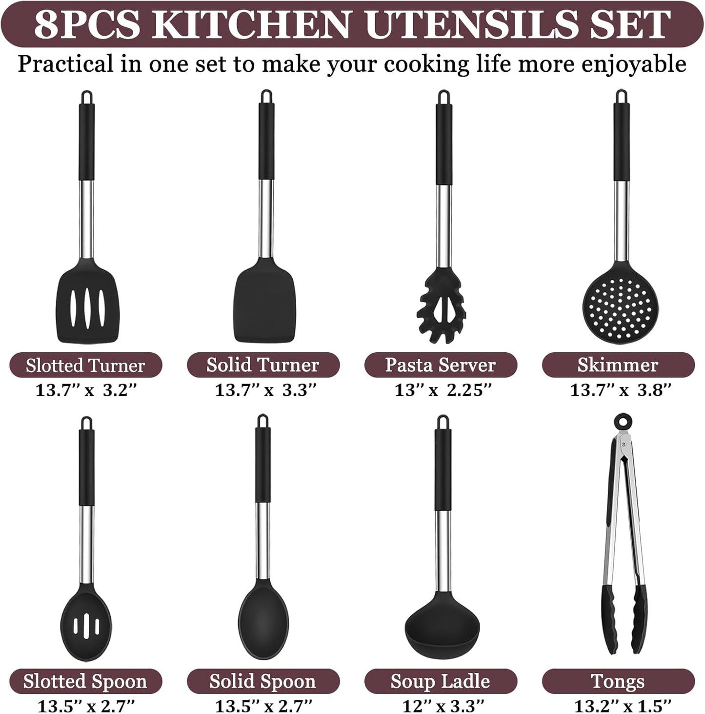 TeamFar Kitchen Utensils Set of 8, Silicone Utensils Kitchen Tools Set with Stainless Steel Handle, for Frying Serving Flipping Draining, Non-toxic & Heatproof, Nonstick & Dishwasher Safe - Black