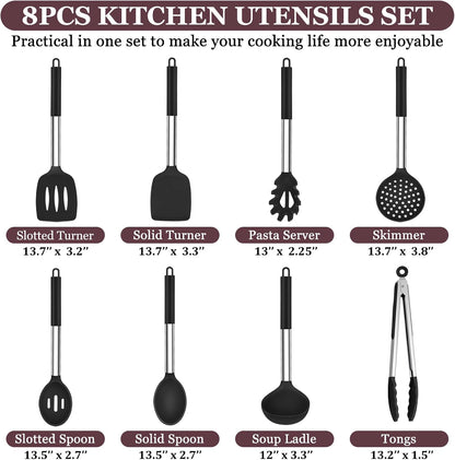 TeamFar Kitchen Utensils Set of 8, Silicone Utensils Kitchen Tools Set with Stainless Steel Handle, for Frying Serving Flipping Draining, Non-toxic & Heatproof, Nonstick & Dishwasher Safe - Black