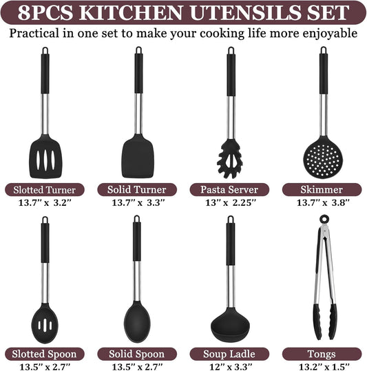 TeamFar Kitchen Utensils Set of 8, Silicone Utensils Kitchen Tools Set with Stainless Steel Handle, for Frying Serving Flipping Draining, Non-toxic & Heatproof, Nonstick & Dishwasher Safe - Black
