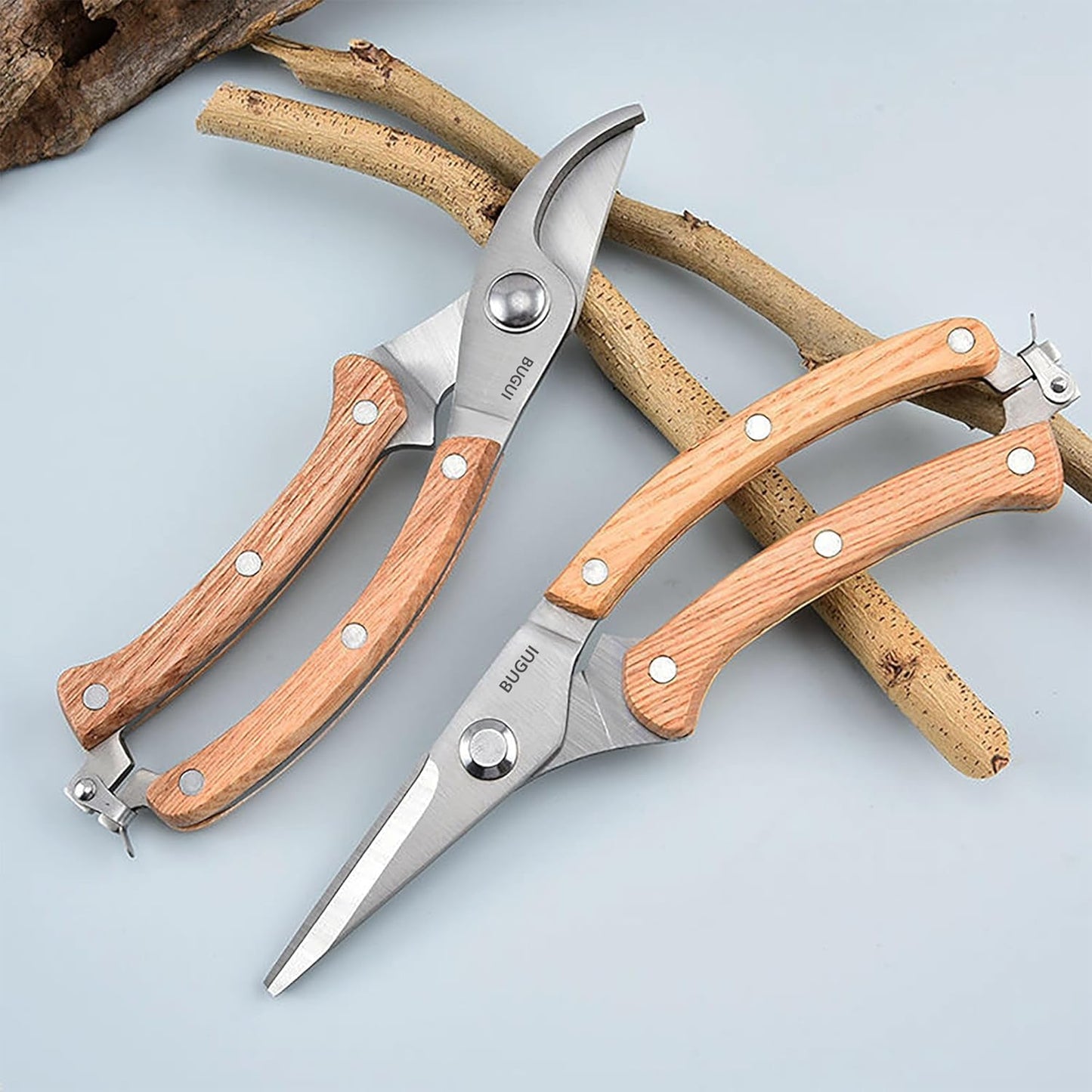 BUGUI Garden Shears Set of 2, Includes 1 Bypass Pruning Shears and 1 Straight Blade Garden Scissors, Sharp, Lightweight