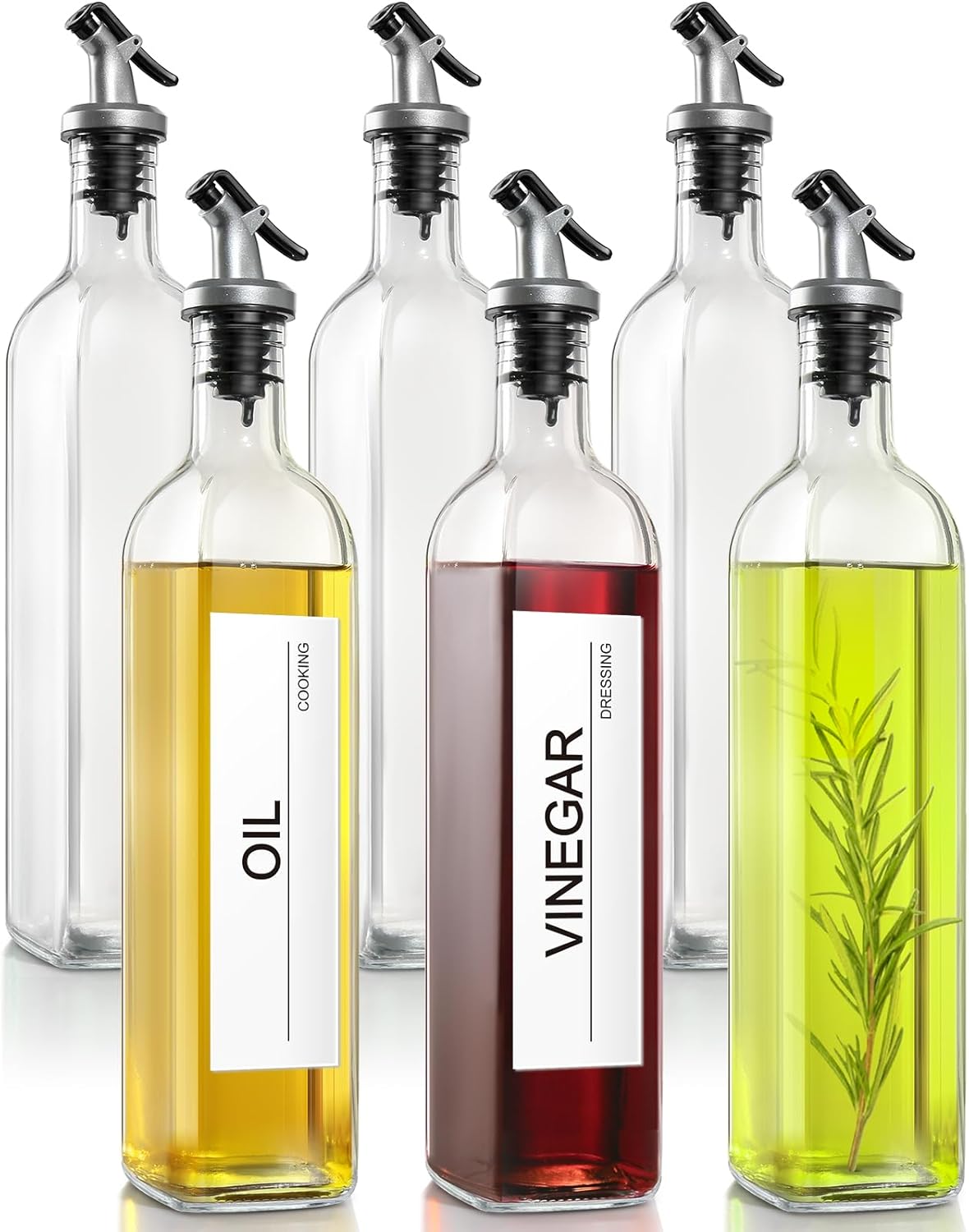 gmisun Olive Oil Dispenser for Kitchen, 4 Pack 17 fl oz Glass Oil Dispensers Bottle, Cooking Soy Sauce Bottle Container Cruet with Plastic Pourer Spout, Funnel and Labels, Clear