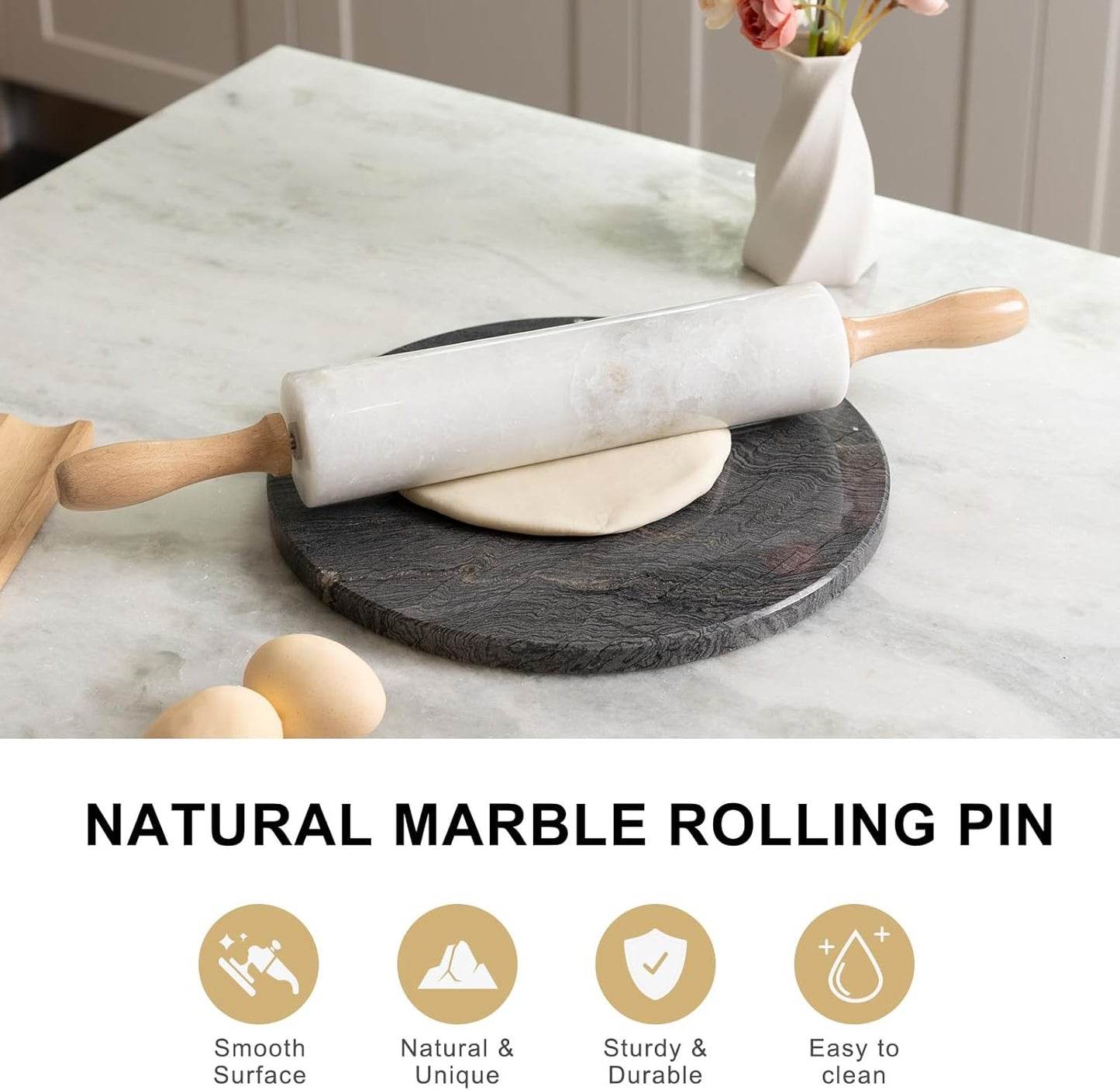 Koville Indian Green Marble Rolling Pin, Non-Stick Stone Dough Roller, 18 Inch Rolling Pin for Baking,Pasta, Dumpling, Ravioli, Fondant,Pie Crust, Kitchen Baking Pastry Tools, Kitchen Essential