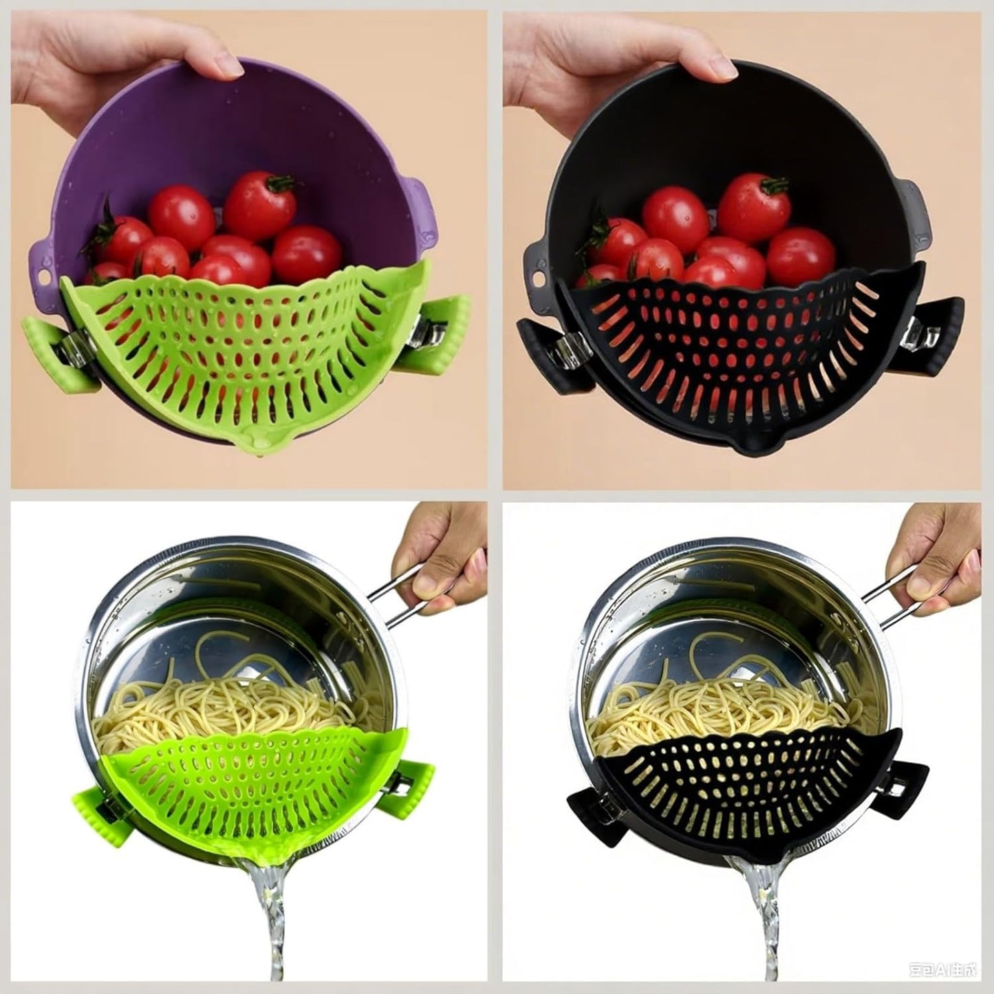 Clip on Strainer Silicone with Silicone Glove | Versatile for All Pans and Pots, Noodle Pasta Pot Strainer Silicone Colander for Vegetables Meat Fruit Spaghetti, Food Strainers (Green)
