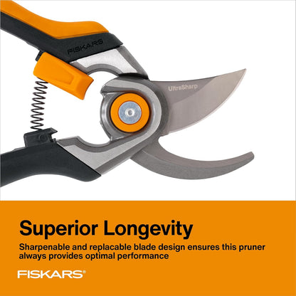 Fiskars Bypass Pruning Shears, 5/8" Cut Capacity Gardening Scissors, Self-Cleaning Sap Groove Prevents Sticking, Non-Slip Grip for Cutting Stems & Branches, Sharp Steel Blades w/ Low-Friction Coating