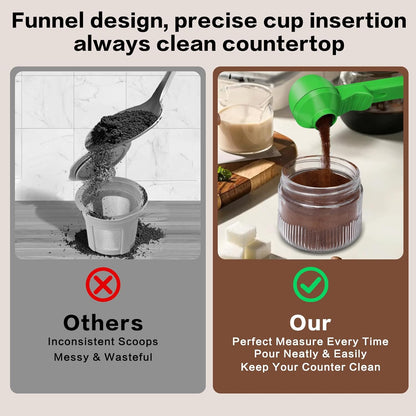 2-in-1 Coffee Scoop with Funnel, 2 Teaspoon Measuring Spoon for Reusable K Cups, Ground Coffee, Protein Powder & Tea, Mess-Free Plastic Design (Pink)