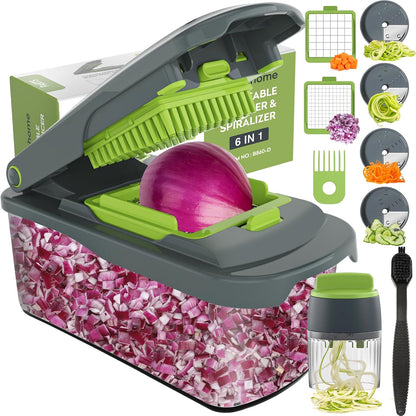 Ourokhome Veggie Chopper and Dicer with Container, Manual Hand Food Mandolin Slicer with 4 in 1 Handheld Vegetable Spiralizer for Zucchini, Potato, Onion, Essential Kitchen Gadgets (12 in 1, Gray)