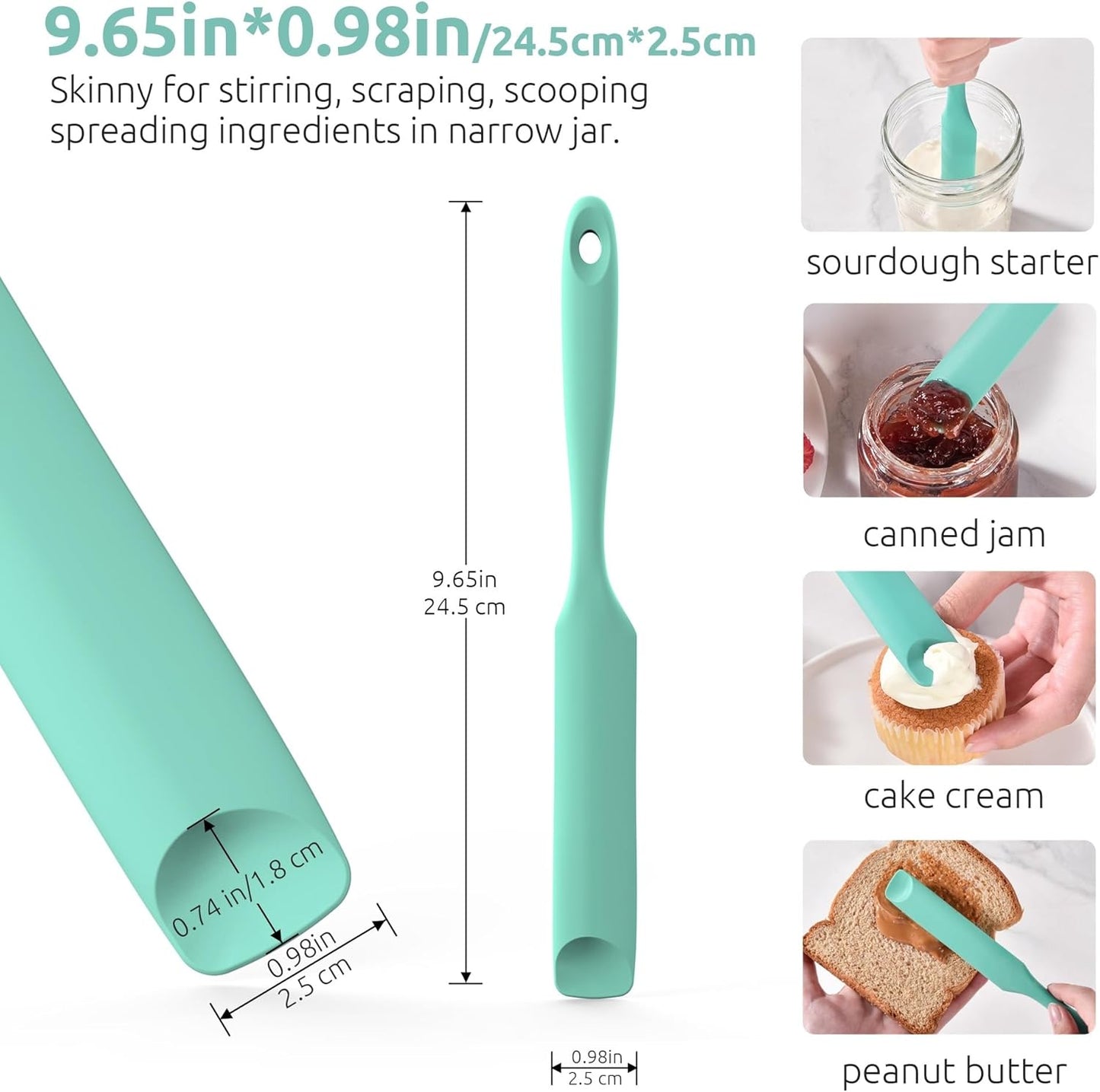 U-Taste Skinny Silicone Jar Spatula: 600ºF Heat-Resistant Food-Grade 10in Long Narrow Sourdough Stirring Stick, Seamless Flexible Peanut Butter Spreader for Scraping Icing Bread Cream, Jam (Aqua Sky)