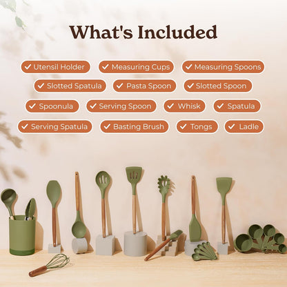 SMIRLY Kitchen Utensils Set – 22-Piece Silicone Cooking Utensils Set, Spatula Set with Holder, Wooden Handle Silicone Kitchen Gadgets for Nonstick Cookware
