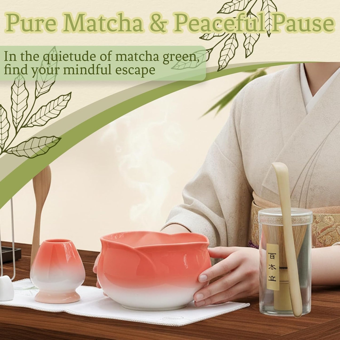 8 Pcs Matcha Whisk Set Chasen Matcha Whisk Bamboo Bowl with Spout Sifter Spoon Scoop Whisk Holder Bamboo Mat Complete Matcha Making Kit (Red Petal)