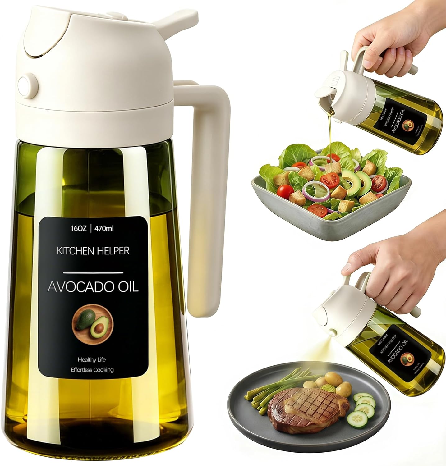 Poshetion 2 in 1 Olive Oil Sprayer for Cooking, 16oz Light-Proof Oil Dispenser for Kitchen, Leak-Proof Oil Spray Bottle for Air Fryer, Salad, BBQ, Baking, Grilling - Black & Green