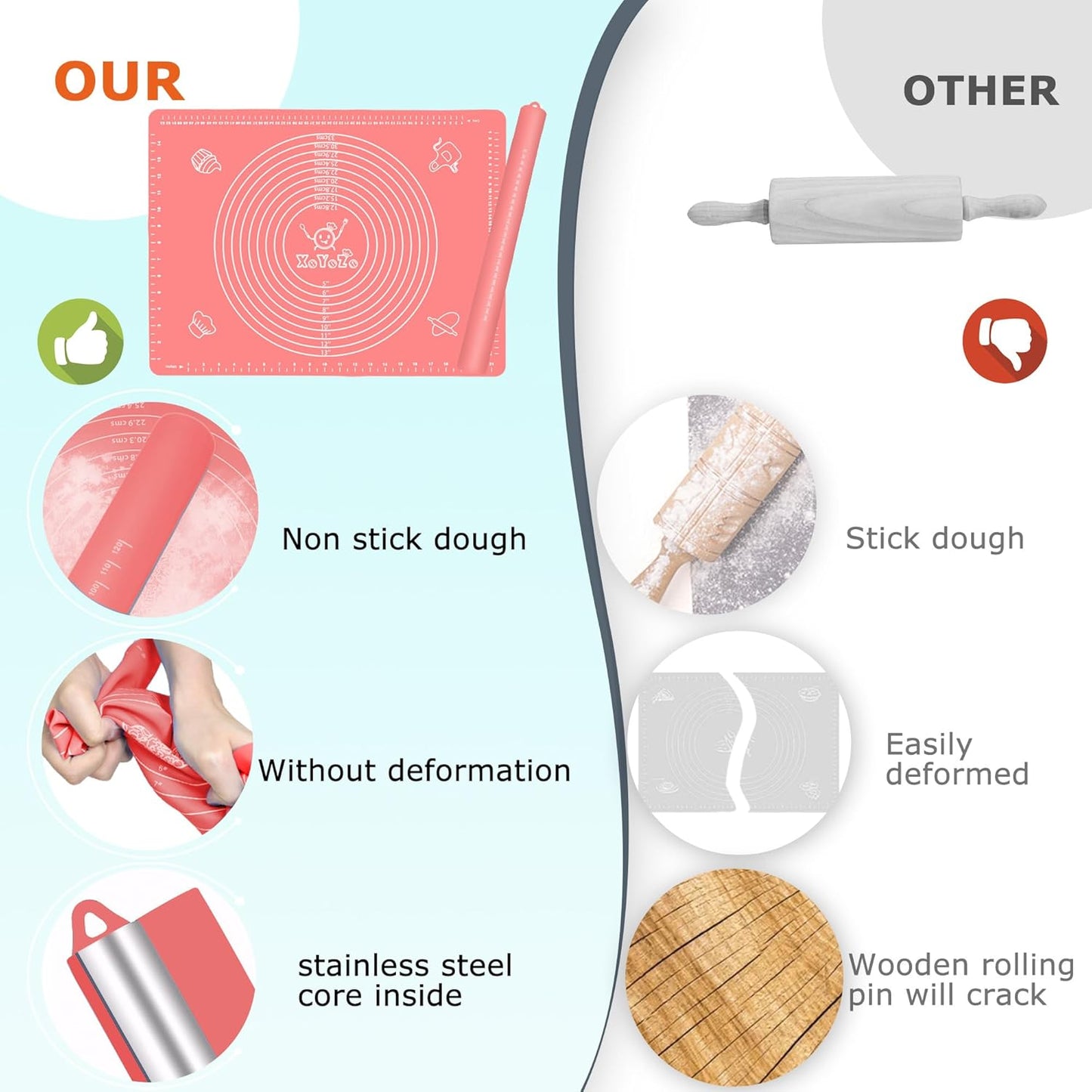 Rolling Pin Silicone Baking Pastry Mat Set,Pizza Dough Roller Baking Mat for Rolling Dough Non Slip Extra Large with Measure,Kitchen Counter Mat for Pie,Crust,Cookies,Bread,Pastries,Pasta, 15.7" x 24"