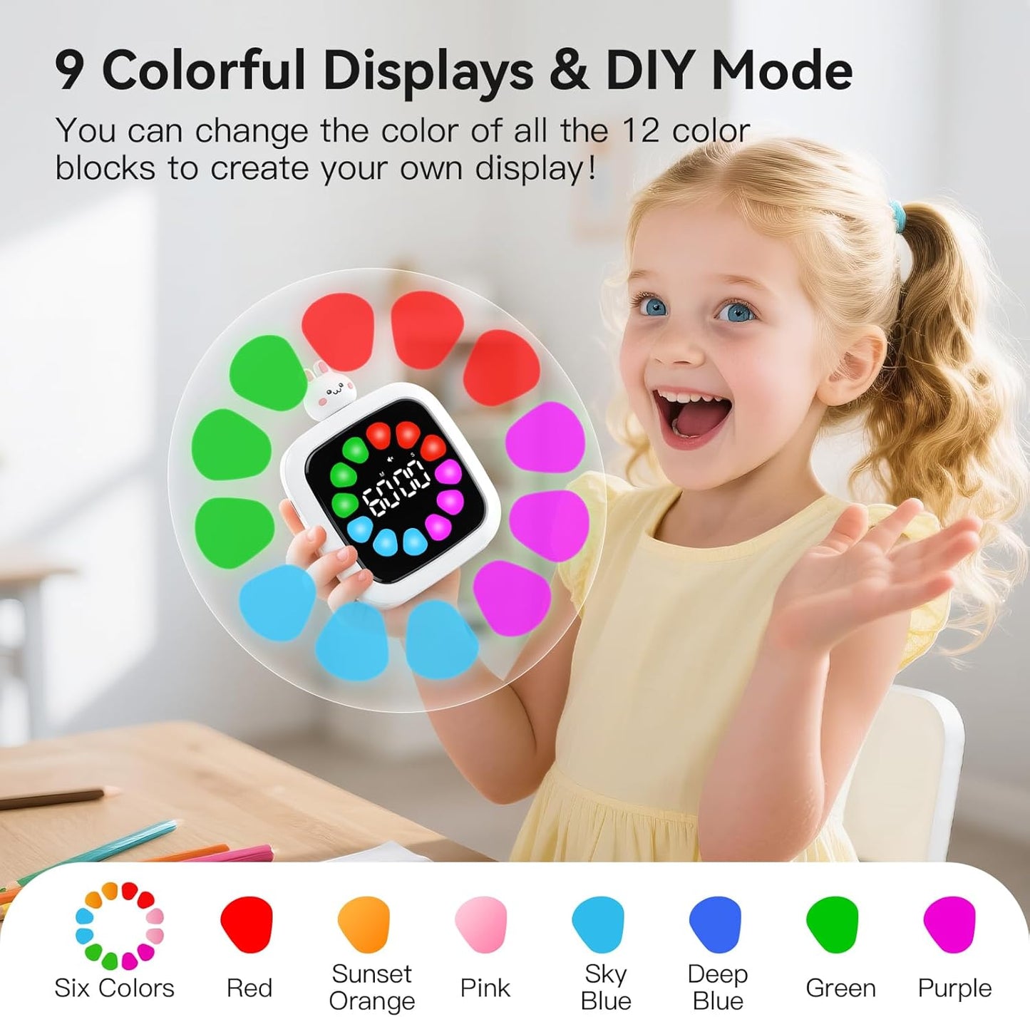 Yunbaoit Digital Visual Timer for Kids, Rechargeable 99-Minute Silent Countdown Timer with 19 Ringtones, 9 Optional DIY Color Star Display, Time Management Tool with Pause Function (Rainbow)