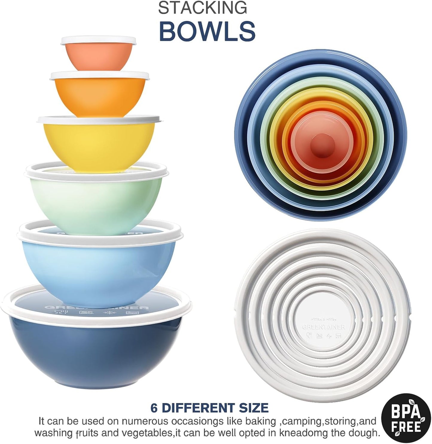 Greentainer Plastic Mixing Bowls with Lids Set for Kitchen, 6 Set Nesting Bowls for Mixing, Baking, Prepping, Cooking and Serving Food, Mixing Bowls Dishwasher, Microwave Safe
