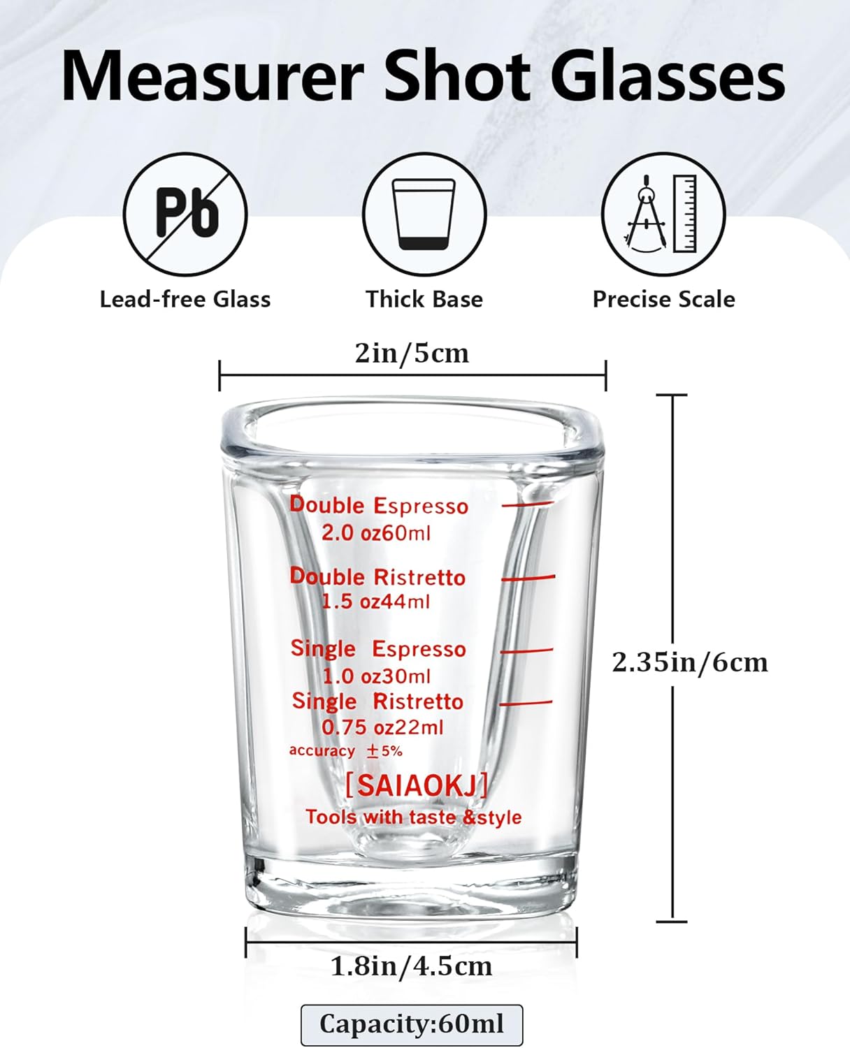 SAIAOKJ Shot Glasses Measuring Cup Set 2PACK Espresso Shot Glasses Liquid Heavy Glass 26-Incremental Measurement 1 OZ, 2 TBS, 6 TSP, 30 ML Kitchen Tools (Red)