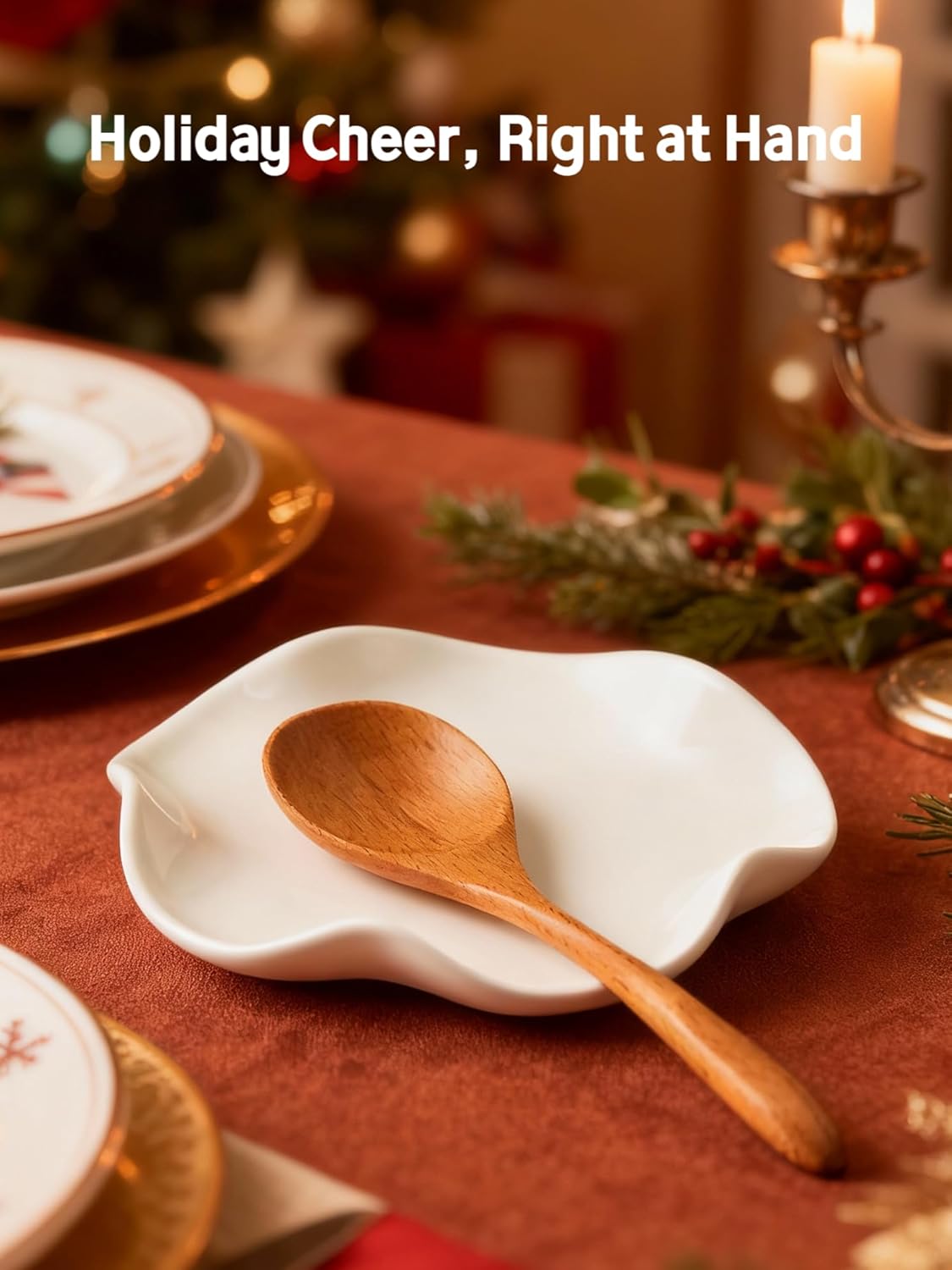 Miamolo Spoon Rest for Stove Top, Spoon Holder for Stove, 5.3In Ceramic Spoon Rest for Kitchen Counter, Coffee Spoon Holder with Ruffled Edge, Farmhouse Spatula Holder for Kitchen Decor, Beige