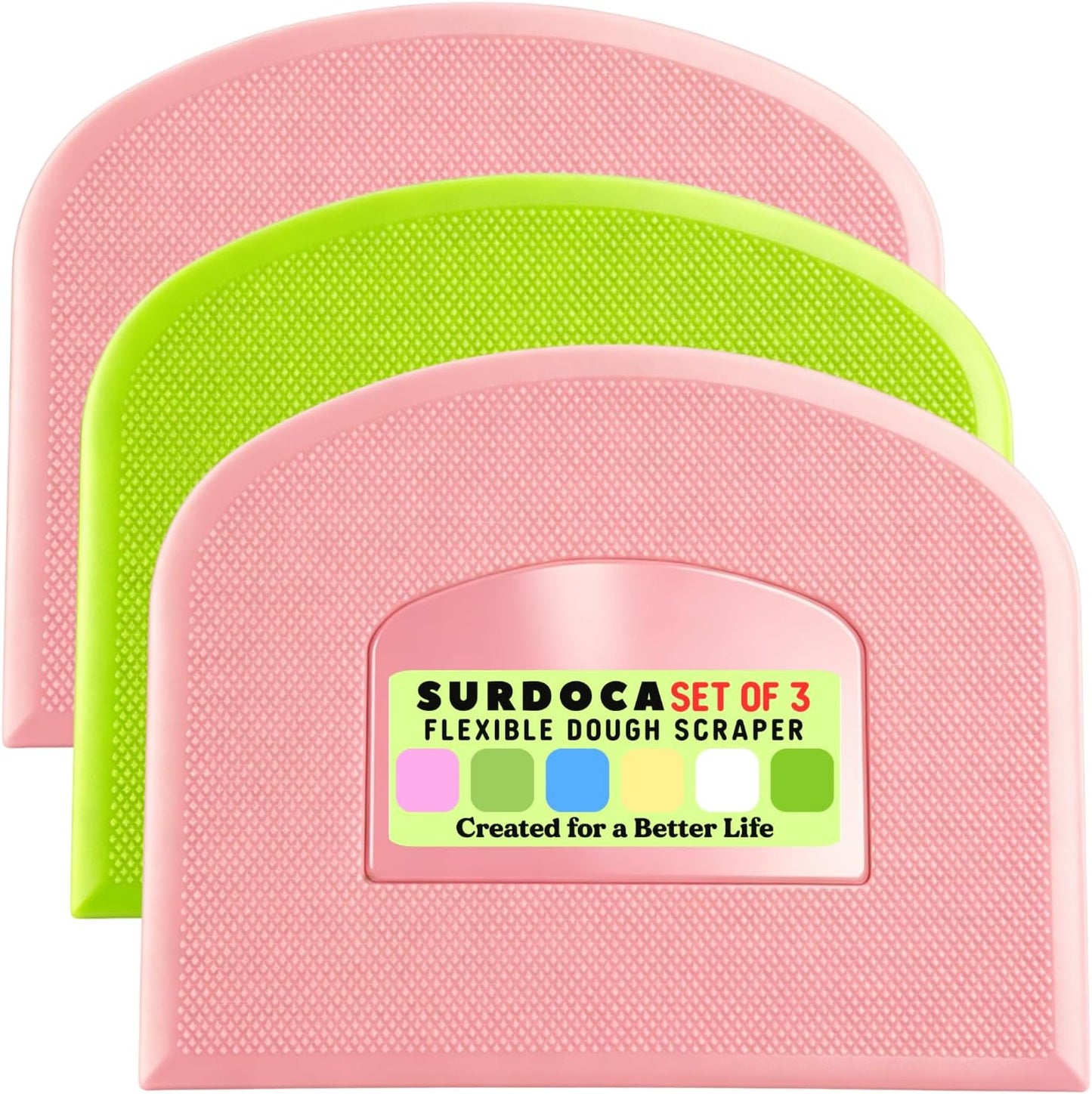 SURDOCA Dough Scraper Bench Scraper - 3P 4.7x3.7" Plastic Flexible Bowl Scraper, Sharp Edge & Angles Cake Scraper. Non-Slip Bakeware Decorating Tools Sculpting & Modeling Tools - Green+White+Green - Colors A