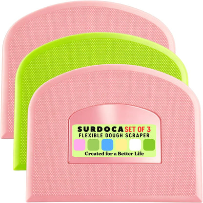 SURDOCA Dough Scraper Bench Scraper - 3P 4.7x3.7" Plastic Flexible Bowl Scraper, Sharp Edge & Angles Cake Scraper. Non-Slip Bakeware Decorating Tools Sculpting & Modeling Tools - Green+White+Green - Colors A