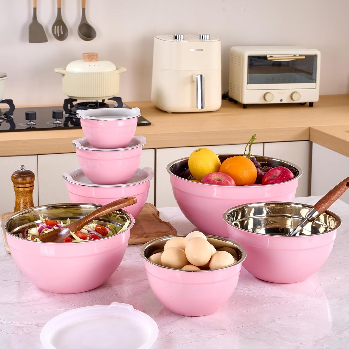 Red Mixing Bowls with Lids Set of 7, Stainless Steel Nesting Bowl with Khaki Lid for Non-slip Mixing Prepping Storing Serving, 7 Sizes-7/3.6/2.7/2.1/1.5/1/0.8 QT