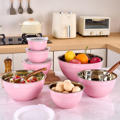 Red Mixing Bowls with Lids Set of 7, Stainless Steel Nesting Bowl with Khaki Lid for Non-slip Mixing Prepping Storing Serving, 7 Sizes-7/3.6/2.7/2.1/1.5/1/0.8 QT