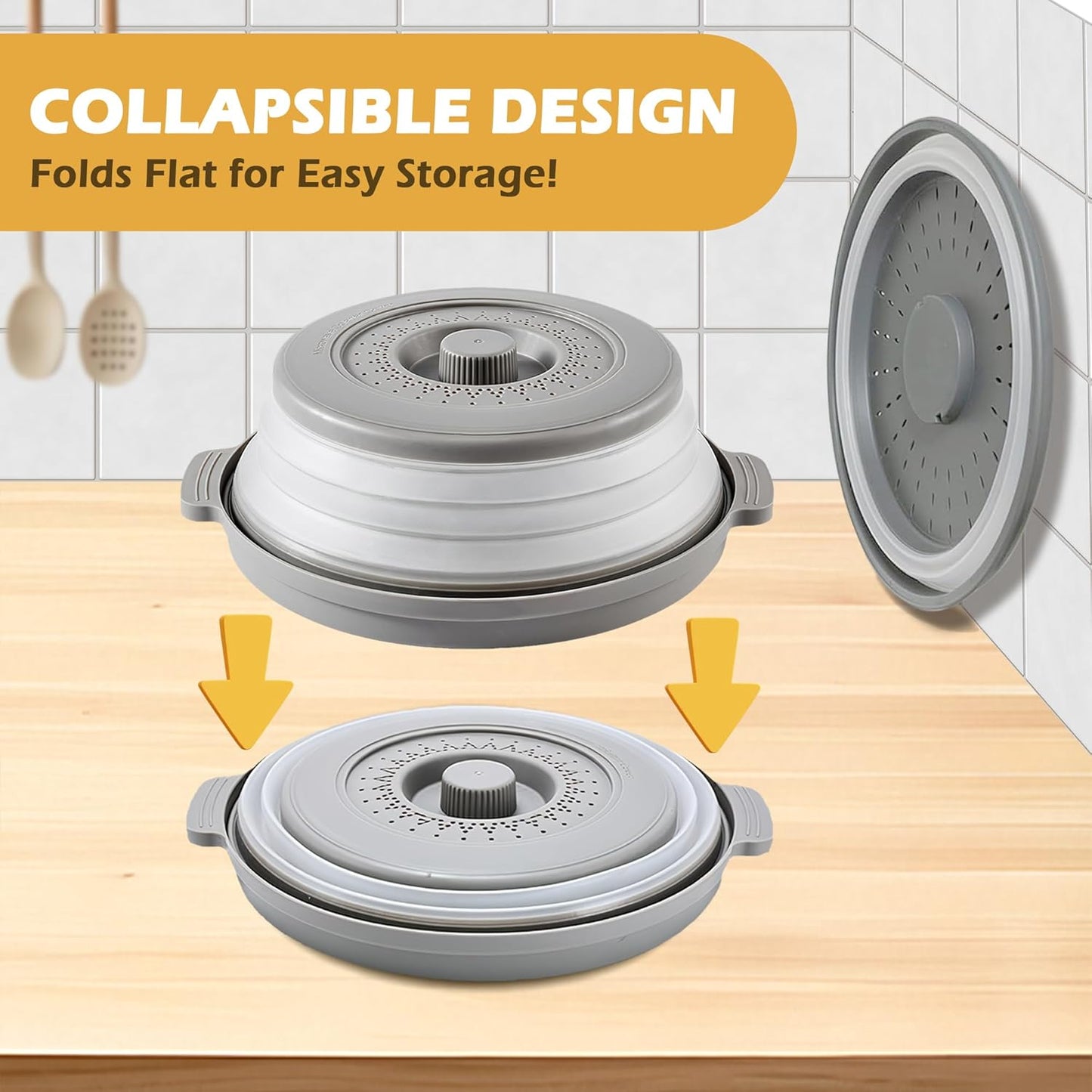 EZMO 2 in 1 Collapsible Microwave Splatter Cover for food, with Tray & Handles - Vented Silicone Splatter Guard Lid - Vegetable Fruit Colander - BPA-Free Kitchen Gadget for Meal Prep – 10.7 inch
