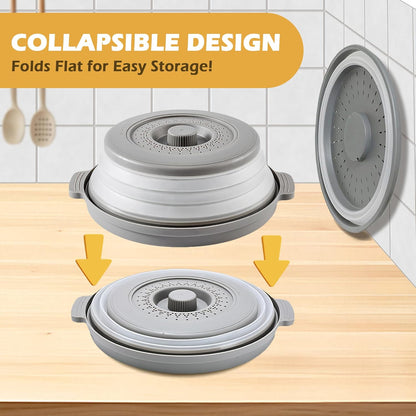 EZMO 2 in 1 Collapsible Microwave Splatter Cover for food, with Tray & Handles - Vented Silicone Splatter Guard Lid - Vegetable Fruit Colander - BPA-Free Kitchen Gadget for Meal Prep – 10.7 inch