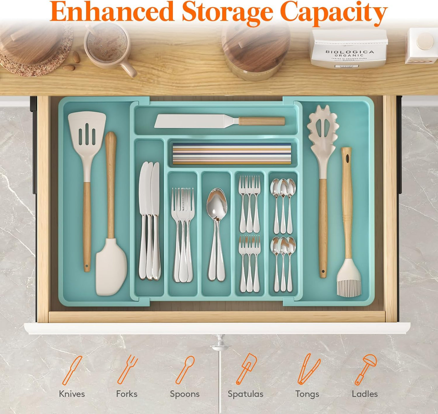 Lifewit Utensil Organizer for Kitchen Drawer, Expandable Cooking Silverware Tray, Adjustable Cutlery Flatware Holder, Plastic Spatula Tools Storage Divider, 14.4 x 15.8", Black