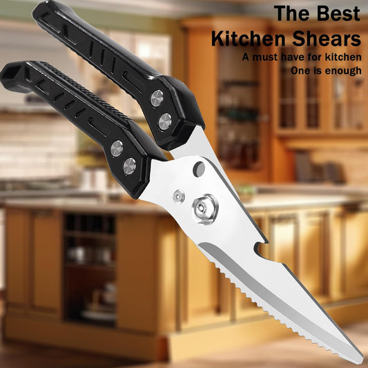 Heavy Duty Kitchen Poultry Shears - Professional Food Scissors for Spatchcocking Chicken, Cutting Raw Meat & Poultry Bones, Thick Steel Blades, Spring-Loaded, Dishwasher Safe Black