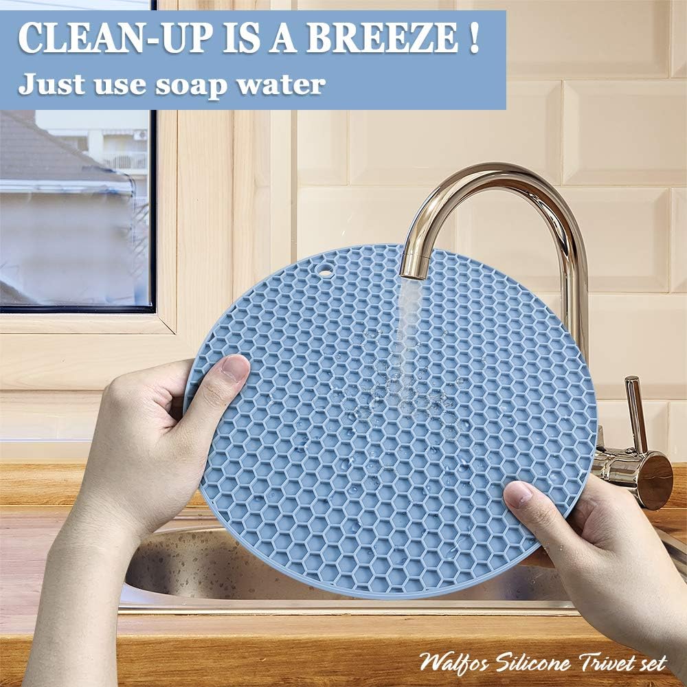 Walfos Silicone Trivet Mats - 4 Heat Resistant Pot Holders, Multipurpose Non-Slip Hot Pads for Kitchen Potholders, Hot Dishers, Jar Opener, Spoon Holder, Food Grade Silicone & BPA Free (Black)