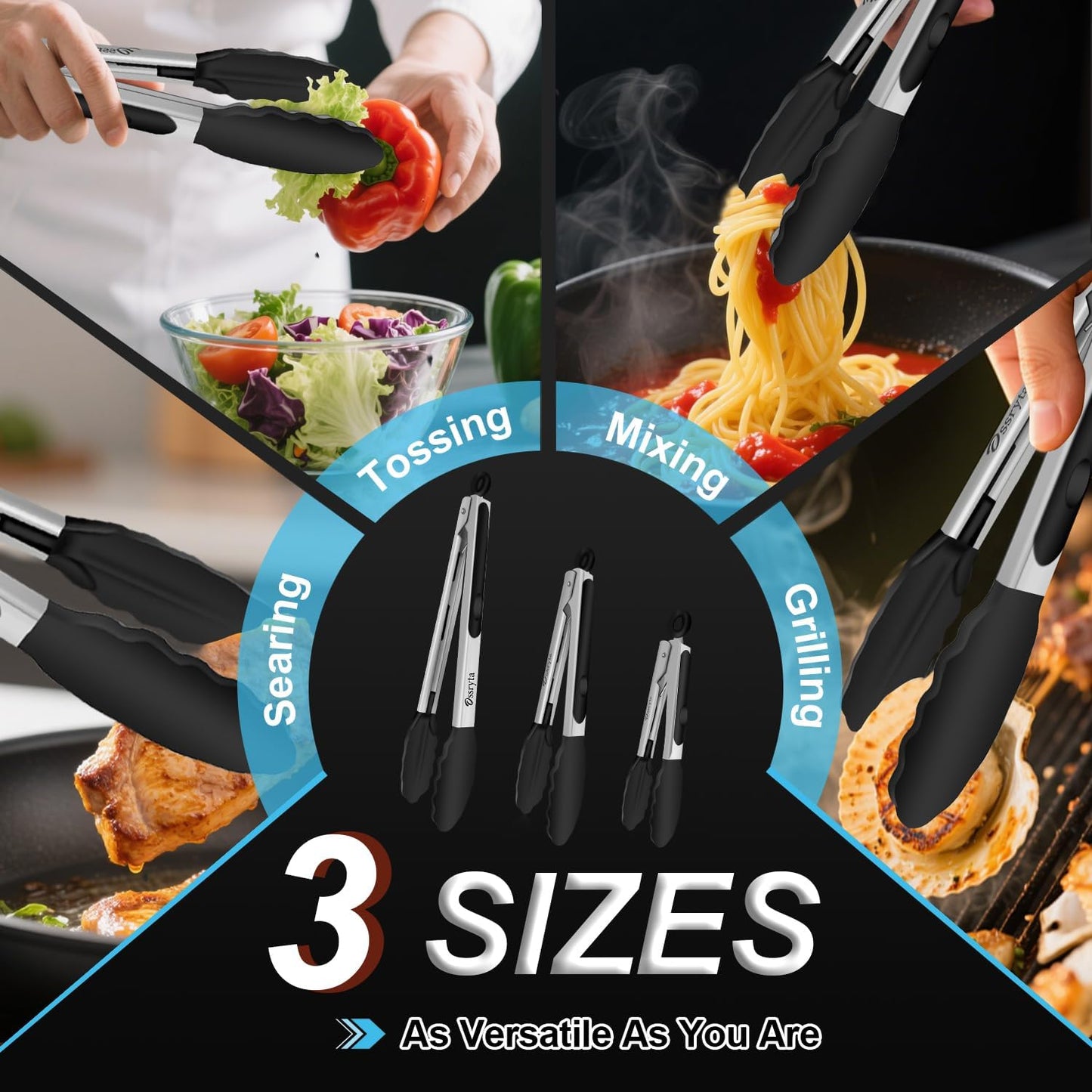 Stainless Steel Cooking Tongs Set of 3 - Heavy Duty 12/9/7 Inch Locking Tongs, Heat Resistant to 600 Degrees, Food Grade Kitchen Metal Tong for Food, Salad, & BBQ - Dishwasher Safe