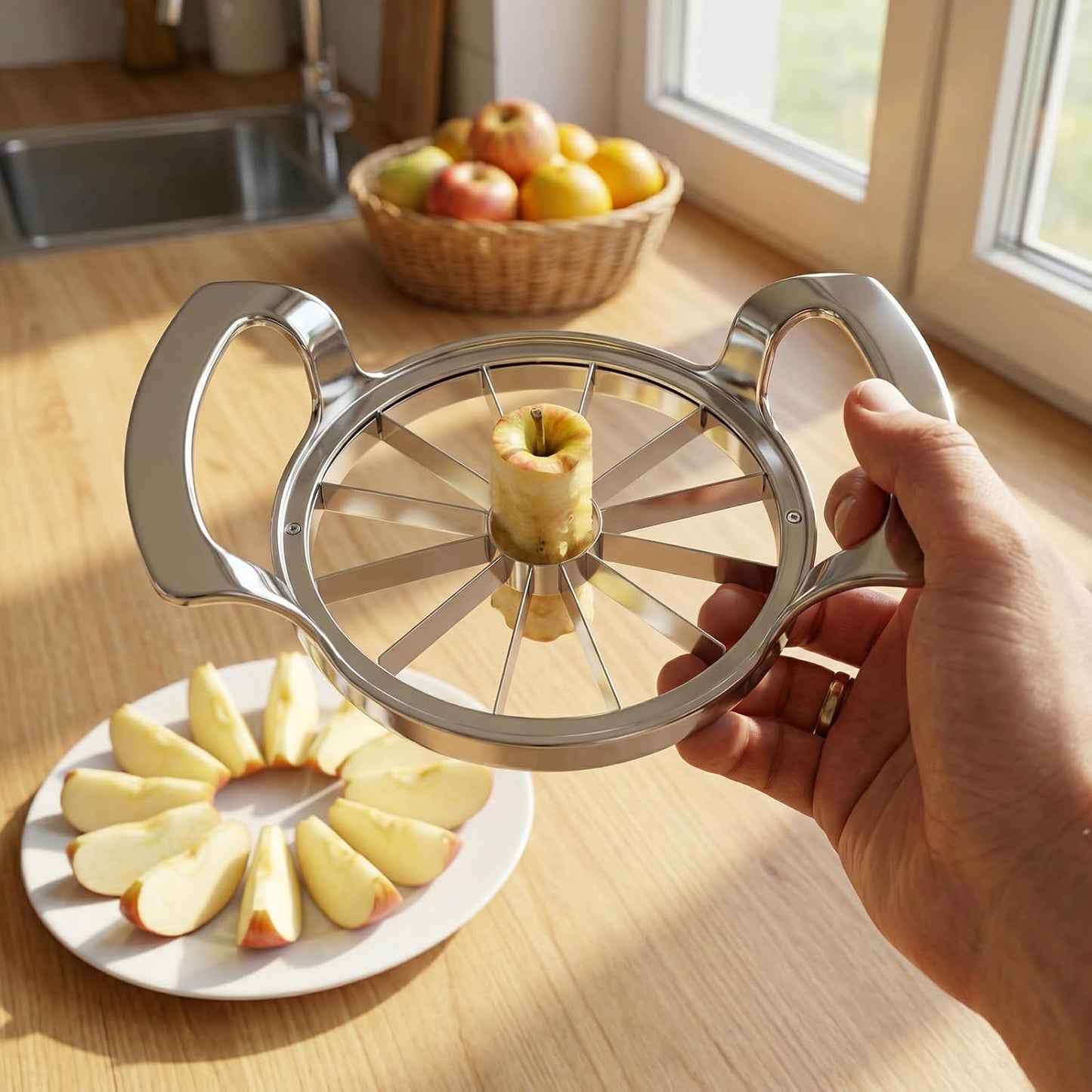 Apple Slicer and Corer, Heavy-Duty Stainless Steel Apple Cutter with 5" Large Opening, Professional 12-Blade Slicer, Dishwasher Safe