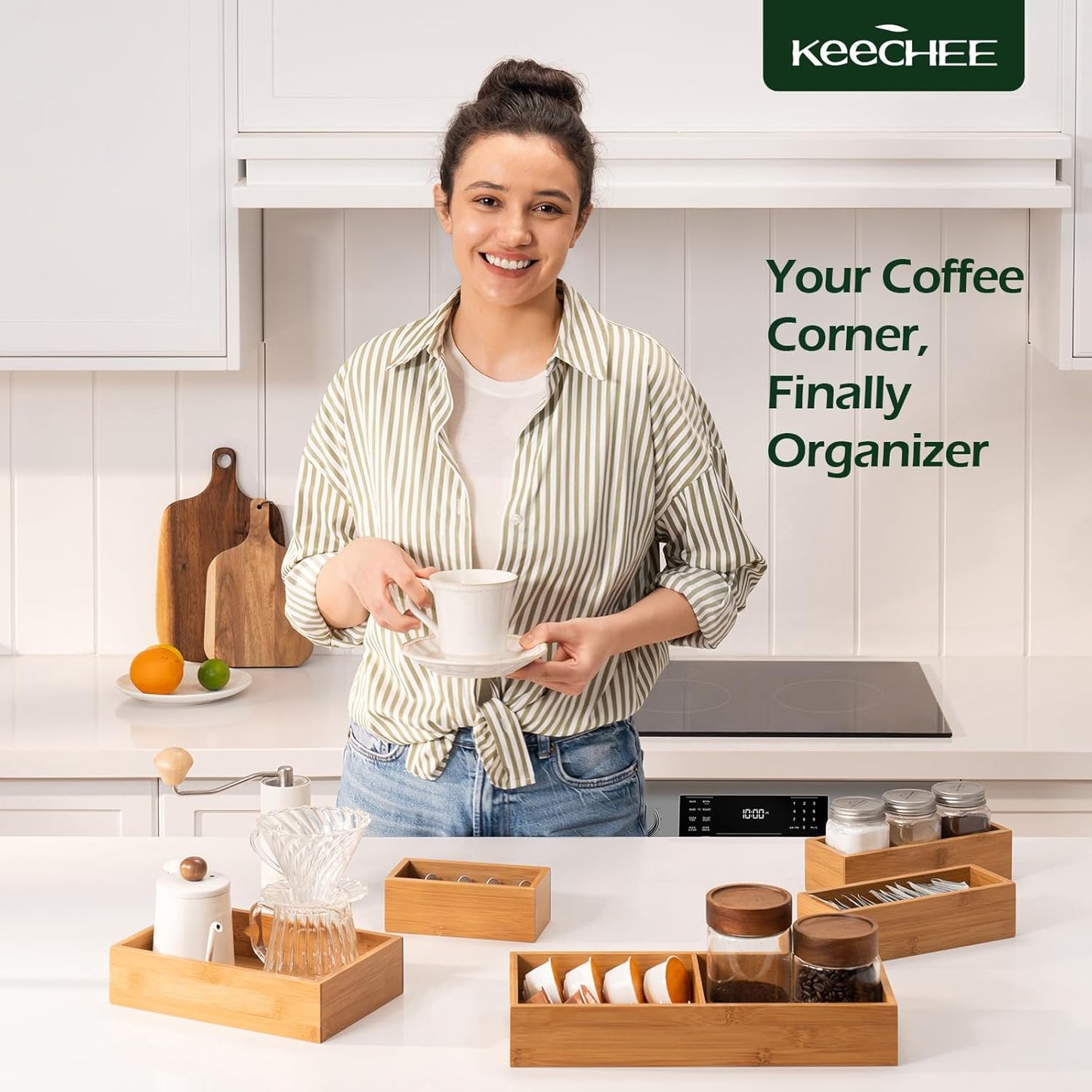 keechee Carbonized Bamboo Kitchen Drawer Organizer, 10 Slots Expandable Silverware Organizer, Utensil Holder & Cutlery Tray, 2.2" Deep for Extra Capacity, Non-Slip Feet Included