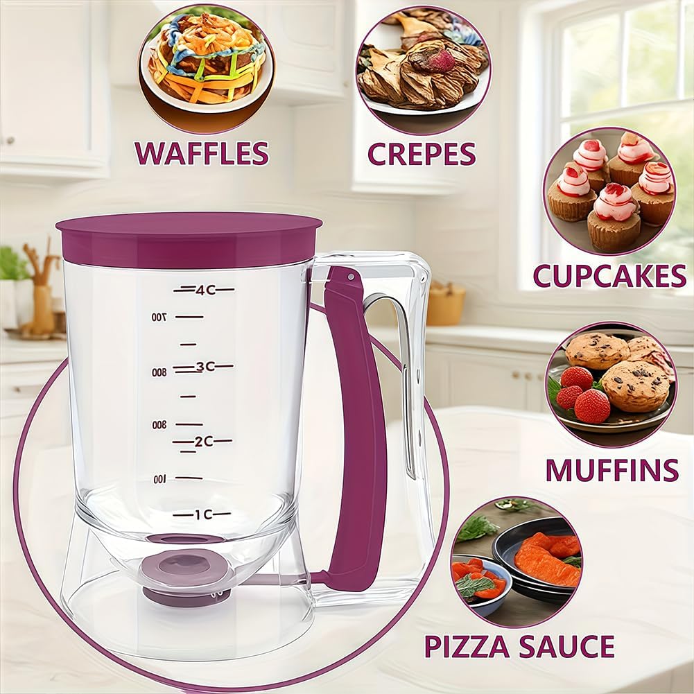Pancake Batter Dispenser, Kitchen Must Have Tool for Perfect Pancakes, Cupcake, Waffle, Cake & Crepe, Batter Separator Maker with Measuring Label, milk dispenser and butter dispenser (Purple)