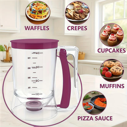 Pancake Batter Dispenser, Kitchen Must Have Tool for Perfect Pancakes, Cupcake, Waffle, Cake & Crepe, Batter Separator Maker with Measuring Label, milk dispenser and butter dispenser (Purple)