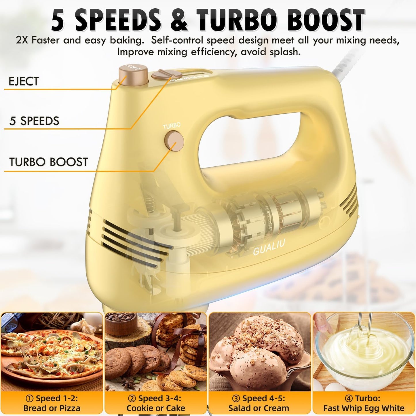 GUALIU Electric Hand Mixer with Stainless Steel Whisk, Dough Hook Attachment and Storage Bag, Handheld Mixer for Baking Cakes, Eggs, Cream Food Mixers. Turbo Boost /5 Speed Kitchen Blender PINK