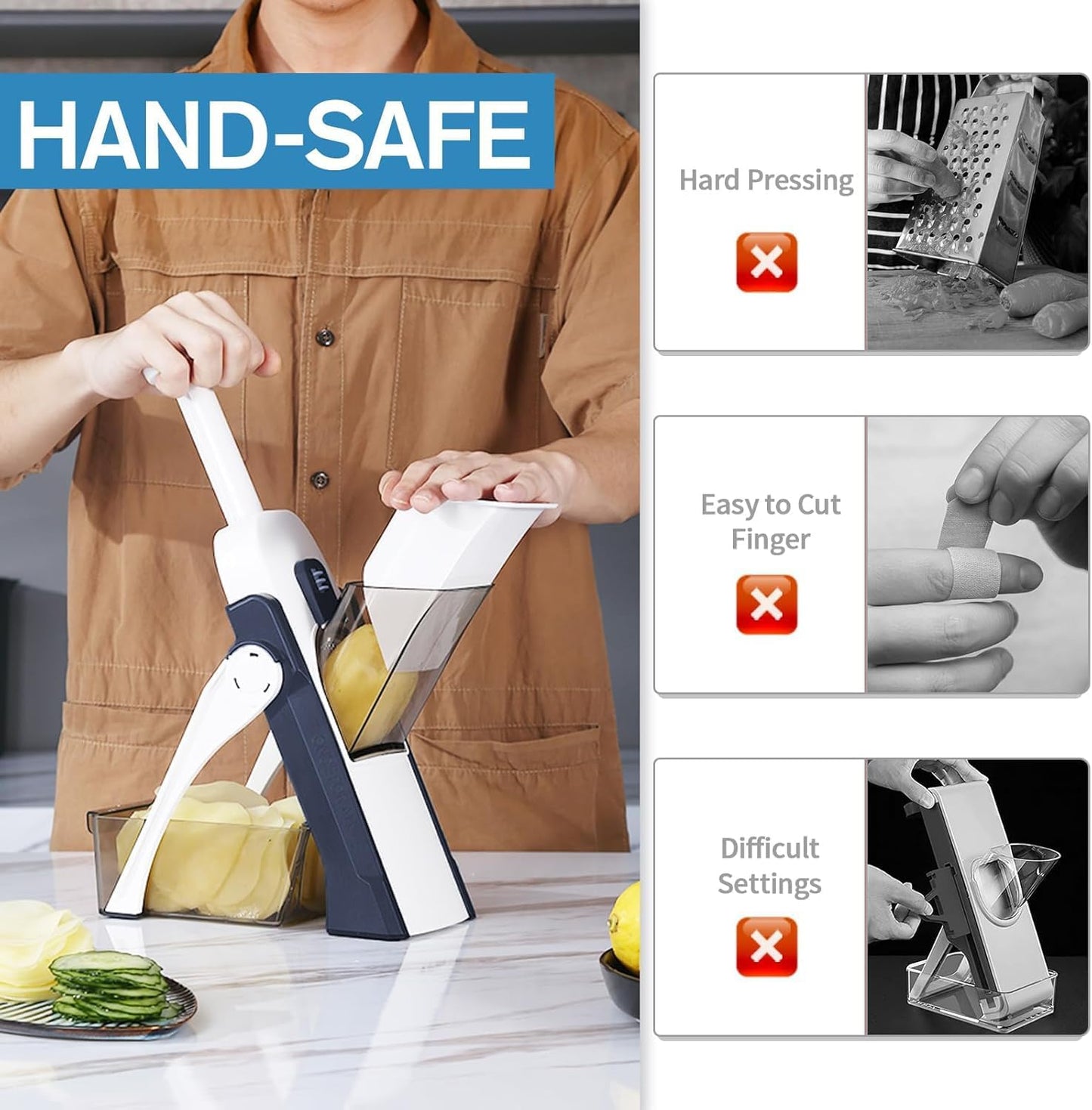 Safe Mandoline Slicer for Kitchen, Meal Prep,Potato Slicer, Adjustable/Easy to Clean/Storage, Kitchen Chopping Artifact,French Fry Cutter,Paring Knife/Cleaning Brush (only Slice, Black Knight)