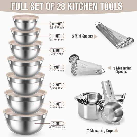 31PCS Mixing Bowls with Lids Set, 5.5QT to 0.6QT Stainless Steel Nesting Bowls with Graters, Large Khaki Bowls & 21 Measuring Cups and Spoons Set Kitchen Appliances for Mixing, Baking, Food Storage