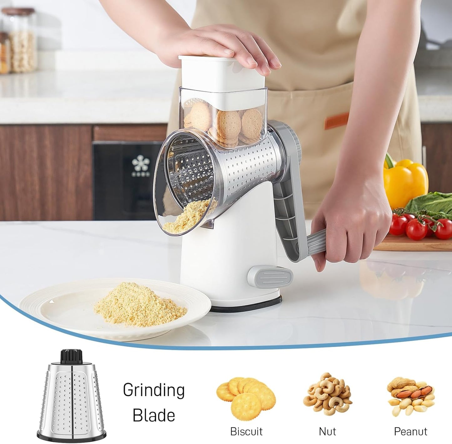 VEKAYA Rotary Cheese Grater Hand Crank with 4 Interchangeable Stainless Steel Blades, Large Manual Handle Shredder and Waffle Slicer for Vegetables, Cheese and Nuts with Table Suction Base(Blue)