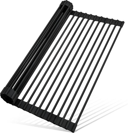 MERRYBOX Roll Up Over The Sink Dish Drying Rack Silicone Wrapped Foldable, Heat-Resistant, Anti-Slip Sink Rack Multipurpose Dish Drainer for Kitchen Sink Counter - White, 17.5" x 11"