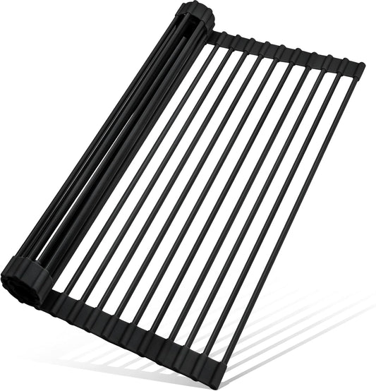 MERRYBOX Roll Up Over The Sink Dish Drying Rack Silicone Wrapped Foldable, Heat-Resistant, Anti-Slip Sink Rack Multipurpose Dish Drainer for Kitchen Sink Counter - White, 17.5" x 11"